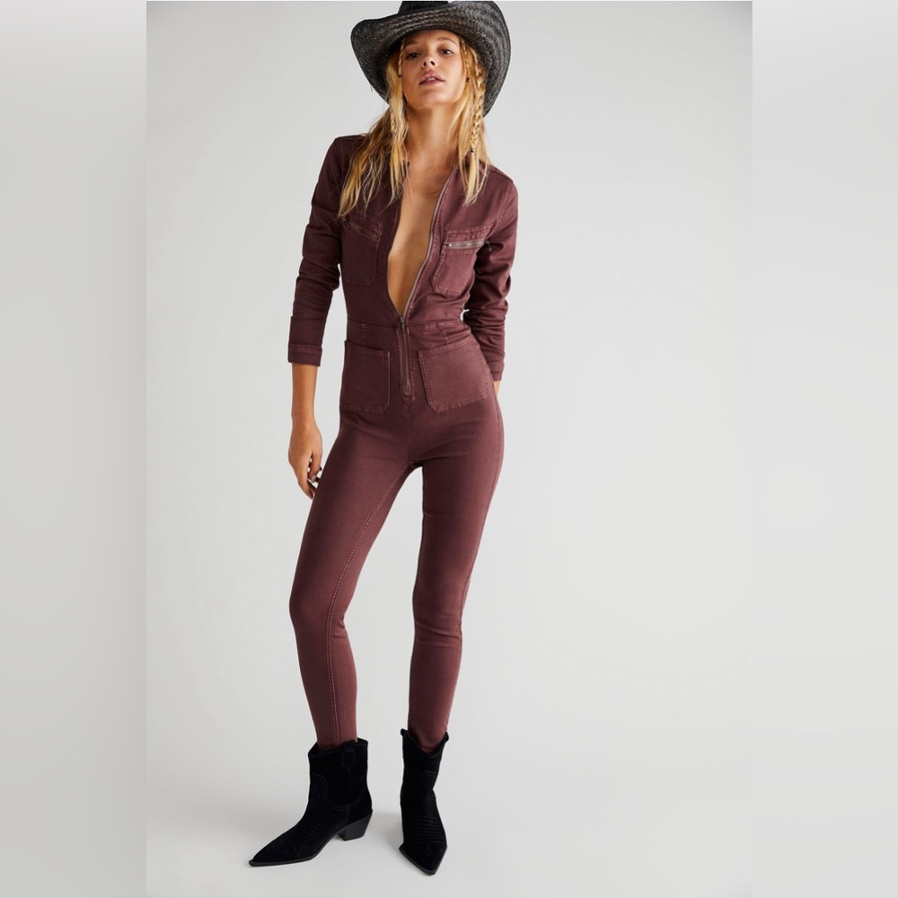 Free People Lennox Jumpsuit, blue denim, size M